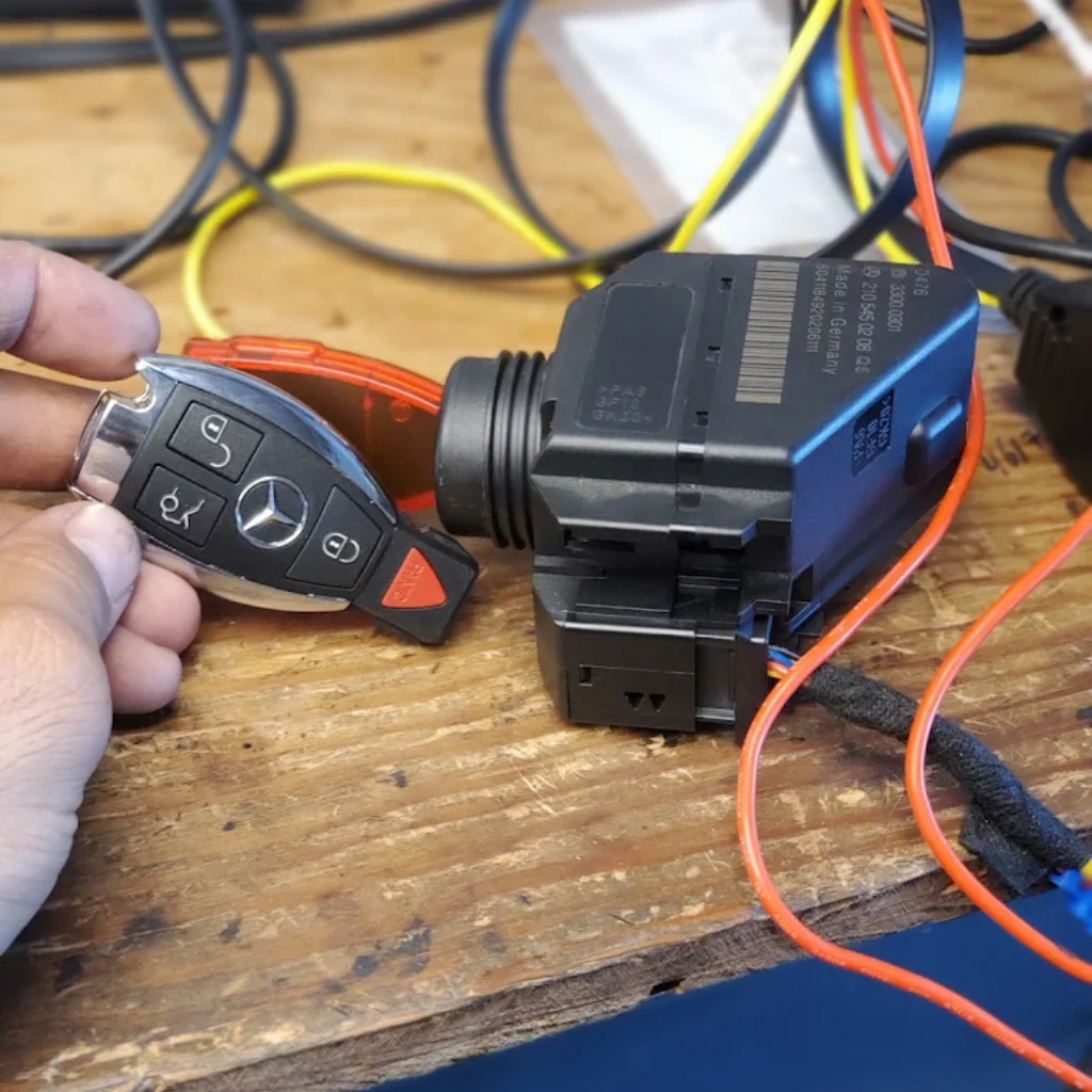 Transponder car key with electronic chip showing modern automotive security technology for vehicle immobilizer systems